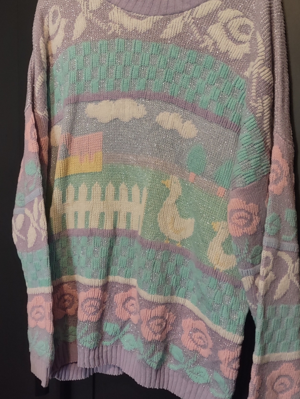 Rose Vintage Pastel Lavender Goose Farm Knit Sweater